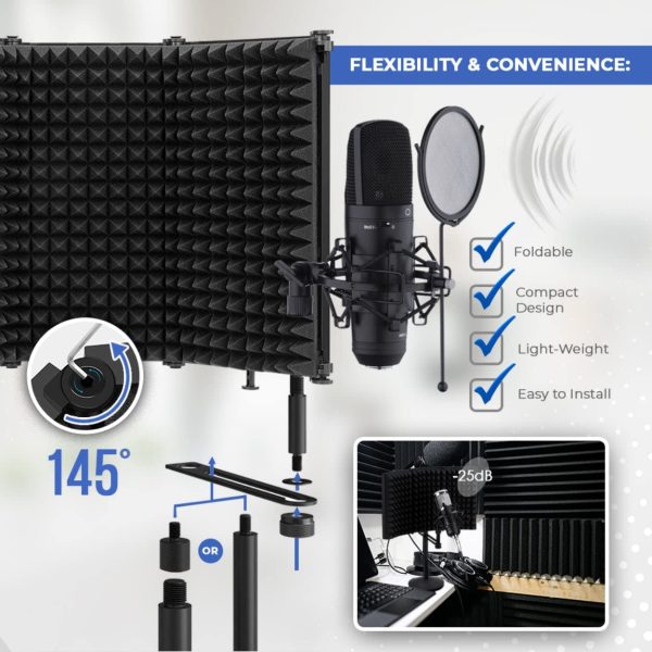 Arrowzoom 3 Fold PRO Microphone Isolation Vocal Shield Portable High Density Acoustic Foam Box Podcast Sound Booth Reduce Noise -25dB Vlog Audio Equipment Reflection Pop Filter AZ1245 - Image 5