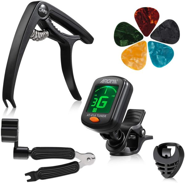 9 Pieces Guitar Accessories Kit Including Guitar Tuner,Guitar Capo,3 in 1 String Winder, Guitar Picks, Plectrum Holder (Tuner + Capo)