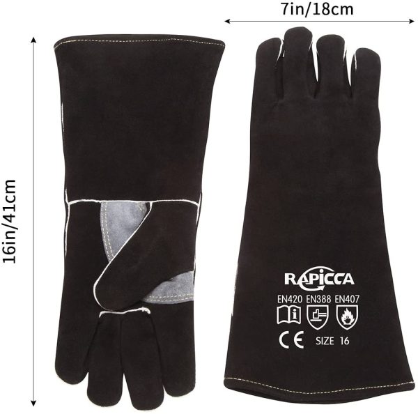 16 Inches,662?H,Leather Forge/Mig/Stick Welding Gloves Heat/Fire Resistant, Mitts for Oven/Grill/Fireplace/Furnace/Stove/Pot Holder/Tig Welder/Mig/BBQ/Animal handling glove with Extra Long Sleeve Black - Image 7