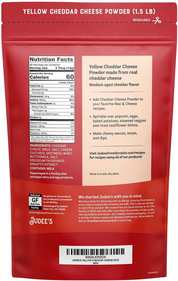 Judee's Yellow Cheddar Cheese Powder 0.68kg (1.5 lb) - 100% Non-GMO, rBST Hormone-Free, Gluten-Free & Nut-Free - Made from Real Cheddar Cheese - Made in USA - Great in Sauces, Soups, Dips, and Seasonings