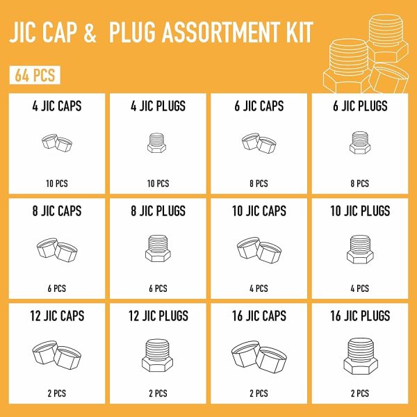 ZELCAN 64 Piece JIC 37?? Flare Cap and Plug Kit Hose Tube and Pipe Fitting Set Hydraulic Cap and Plug Kit Galvanized 45# Steel with Precision Threading Dash Sizes -04 -06 -08 -10 -12 -162