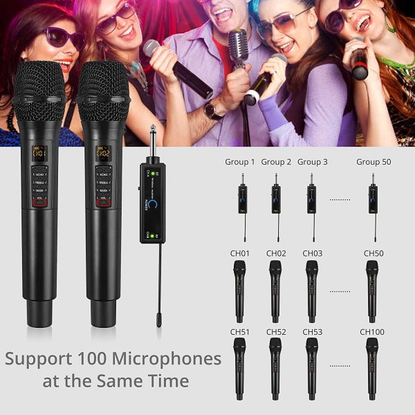 Wireless Microphone UHF Wireless Handheld Dynamic Mic System Dual Wireless Mics with Rechargeable Receiver for Karaoke Machines, DJ, Singing, Church, Weddings etc - Image 3