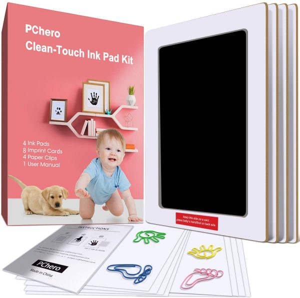 Large Size Baby Inkless Handprint and Footprint Kit with 4 Ink Pads and 8 Imprint Cards by PChero, Perfect for Family Keepsake Baby Shower Present and Registry