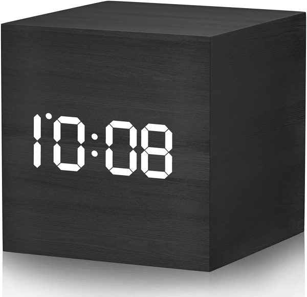 Digital Alarm Clock LED Light Multifunctional Modern Cube Displays Date Temperature for Home Office Travel-Black - Image 8