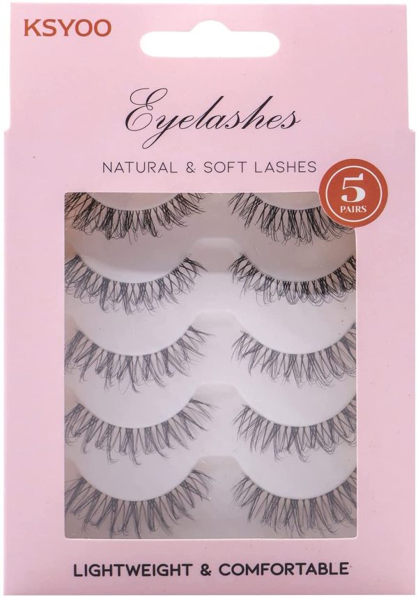 KSYOO Clear Band Faux Mink Lashes, D Curl 8-15mm Semi-dramatic Cat Eye Wispy 3D Multi layered Invisible Band Eyelashes ,Full Volume Strip Eye Lashes- 5 Pairs (Clear Band V5) - Image 4