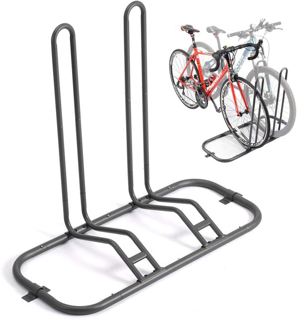 Bike Rack Bicycle Floor Parking Stand for 2 Bikes, Adjustable Dual Purposes Bike Storage Holder for Garage, 2 Extra Floor Anchor Brackets Available, Indoor and Outdoor Use