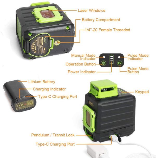 Cross Line Laser Level, Green 360?? Horizontal and Two Vertical Lines, Self-Leveling Alignment Multi Line Laser Tool, Li-ion Battery with Type-C Charging Port & Hard Carry Case Included - B21CG