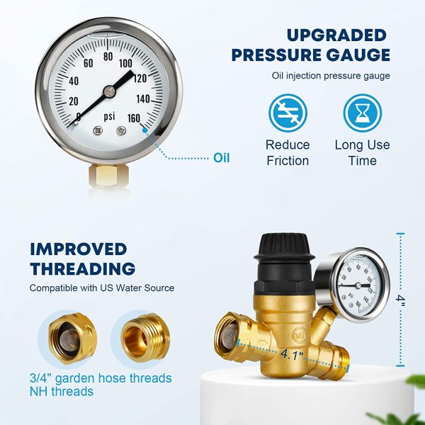 Kohree Handle Adjustable RV Water Pressure Regulator Valve, Upgrade Brass Lead-Free Water Pressure Reducer with Gauge 160PSI and 2 Inlet Screened Filters for RV Camper Travel Trailer Garden Plumbing System - Image 7