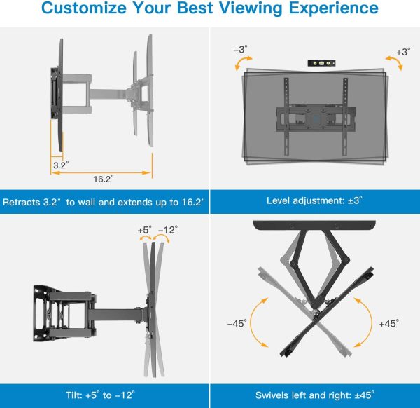 TV Wall Mount Bracket Full Motion Dual Swivel Articulating Arms Extension Tilt Rotation, Fits Most 26-55 Inch LED, LCD, OLED Flat&Curved TVs, Max VESA 400x400mm and Holds up to 99lbs - Image 5