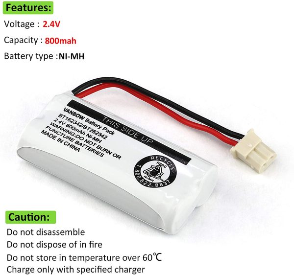 Battery BT162342 / BT262342 BT183342/BT283342 BT166342/BT266342 2.4v 800Mah Battery Pack for VTech CS6114 CS6419 CS6719 AT&T EL52300 CL80112 VTech CS6719-2 Cordless Handsets (Pack 4) - Image 2