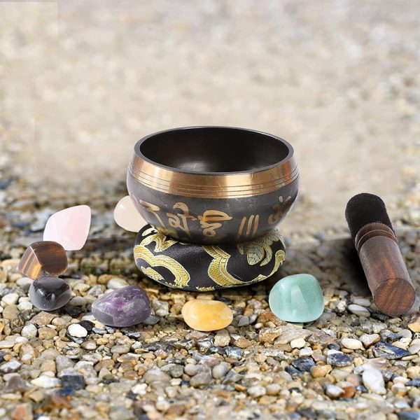 Biggo Tibetan Singing Bowl Set -Meditation Black Sound Bowl With 7 Chakra Stones for Yoga,Chark Healing,Deep Relaxation,Self Regulation and Perfect Gift by Handcrafted - Image 3