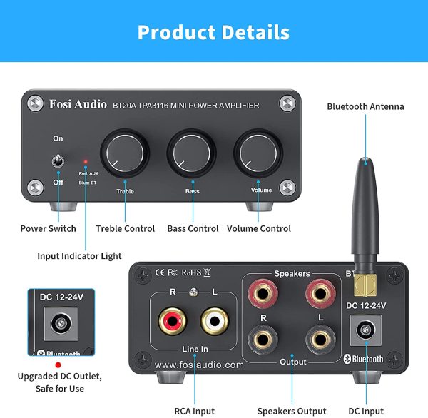 BT20A Bluetooth 5.0 Stereo Audio 2 Channel Amplifier Receiver Mini Hi-Fi Class D Integrated Amp 2.0 CH for Home Speakers 100W x 2 with Bass and Treble Control TPA3116 (with Power Supply) - Image 4