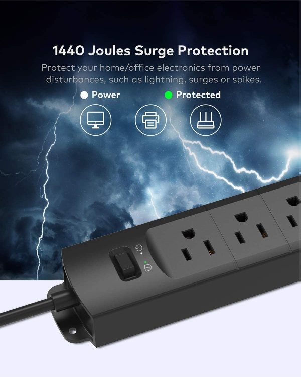 Power Bar Surge Protector with 4 USB Ports, 4 AC Outlets, Flat Plug Power Strip, 3ft Short Cord, 1440 Joules Surge Protection, Wall Mount, for Workbench, Nightstand, Dresser, Office (Black) - Image 2