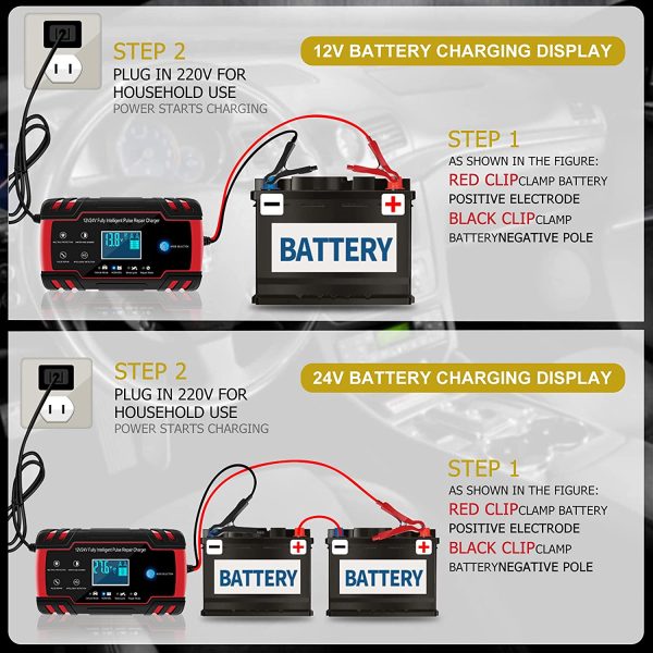 Car Battery Charger, 12V/8A 24V/4A Compatible Automotive Smart Portable Battery Charger Maintainer/Enhanced Edition Pulse Repair Charger Pack for Car, Motorcycle, Lawn Mower and More - Red - Image 2