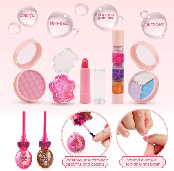 balnore 34 Pcs Kids Makeup Toys Real Girls Makeup Kit Washable Makeup Toy Set with Fashion Portable Makeup Box Including, Eye Shadows, Lipstick, Liquid Foundation, Nail Polish, Wig and Royal Crown