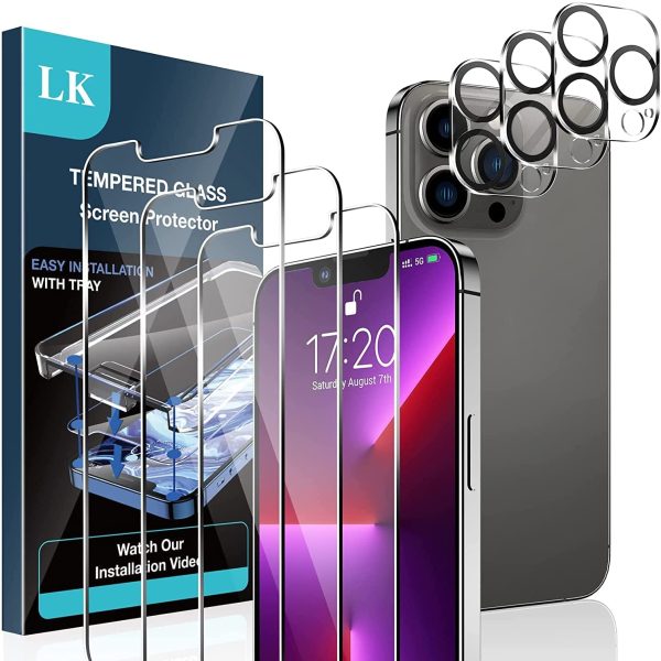 LK 3 Pack Tempered Glass Screen Protector Compatible with iPhone 13 Pro Max with 3 Pack Camera Lens Protector, Easy Installation, Anti Scratch, Ultra Thin, Work with Most Case, 9H Hardness - Image 4