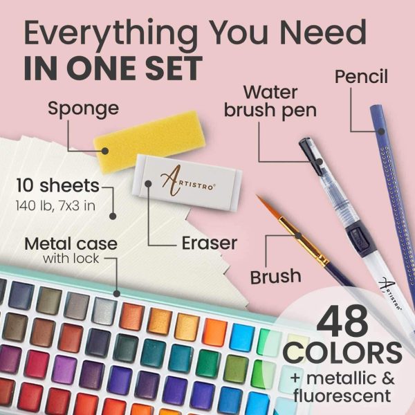 Artistro Watercolor Paint Set Art Kit of 48 Vivid Colors with Water Color Paper, Refillable Brush with Sponge, Drawing Pencil, Brush, Gift for Adults Students Kids Beginners Artists - Image 7