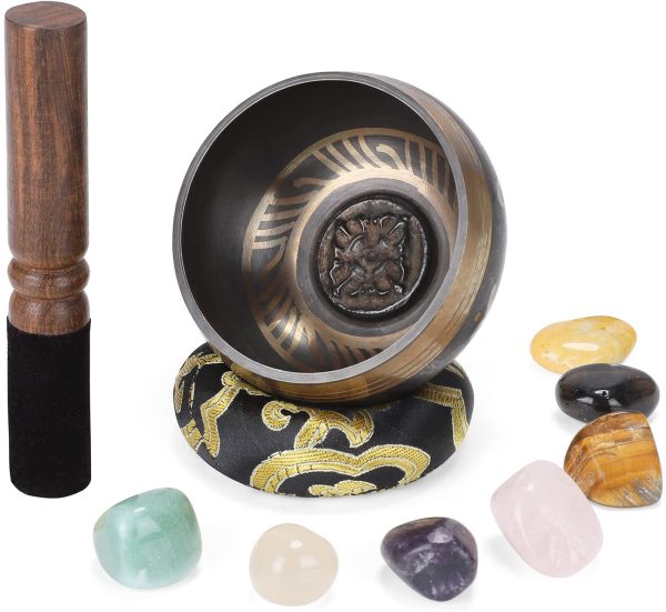 Biggo Tibetan Singing Bowl Set -Meditation Black Sound Bowl With 7 Chakra Stones for Yoga,Chark Healing,Deep Relaxation,Self Regulation and Perfect Gift by Handcrafted - Image 2