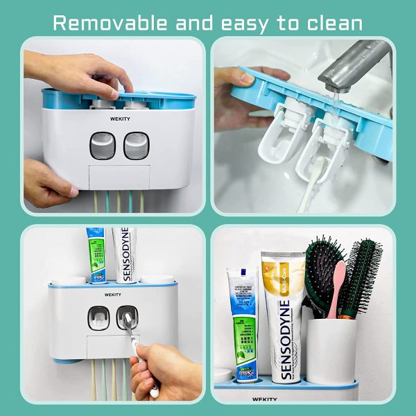 Toothbrush Holder Wall Mounted, WEKITY Multi-Functional Toothbrush and Toothpaste Dispenser for Bathroom, with 5 Toothbrush Slots, 2 Toothpaste Squeezers and 4 Cups(Blue) - Image 2