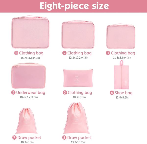 Meowoo Packing Cubes Travel Organizer 8 Set Luggage Organizers with Shoe Bag Travel Cubes Suitcase Organizer Set Waterproof Storage Bags(Pink) - Image 2