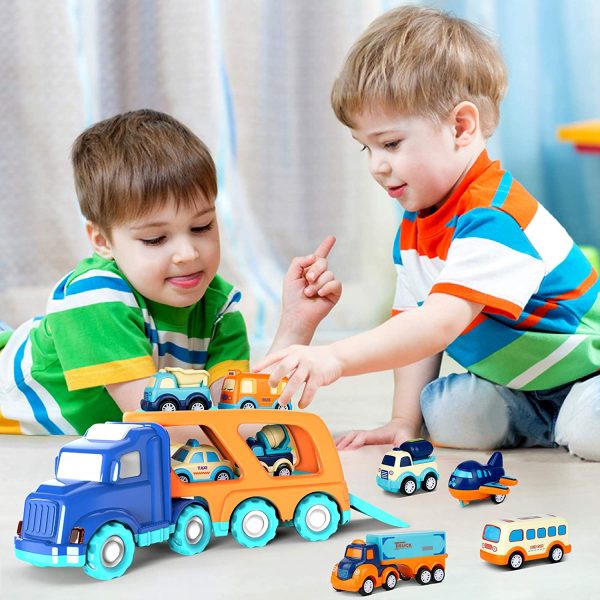 9 Pack Cars Toys for 3 4 5 Years Old Toddlers Boys and Girls Gift, Big Transport Truck with 8 Small Cute Pull Back Trucks, Colorful Assorted Vehicles Playset, Carrier Truck with Sound and Light - Image 4