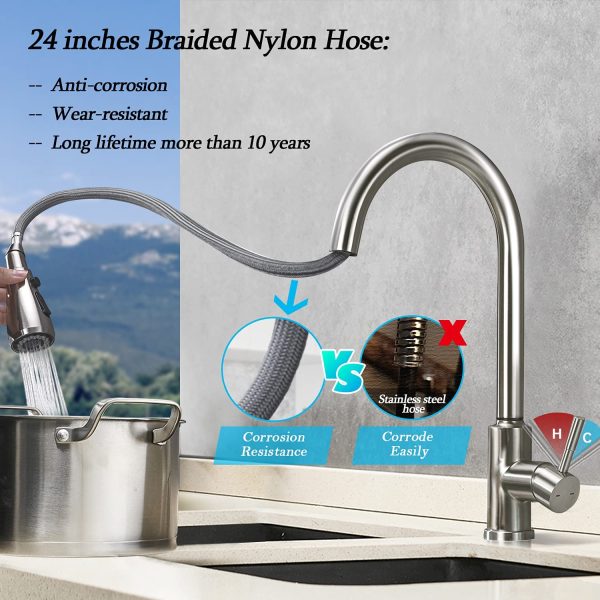 Kitchen Faucet with Pull Down Sprayer(Stream, Spray, Pause),  360 Swivel High Arc Stainless Steel Brushed Nickel Bar Kitchen Sink Faucets, Single Handle Lead-Free Pull Out Kitchen Tap with Deck Plate F190NS - Image 4