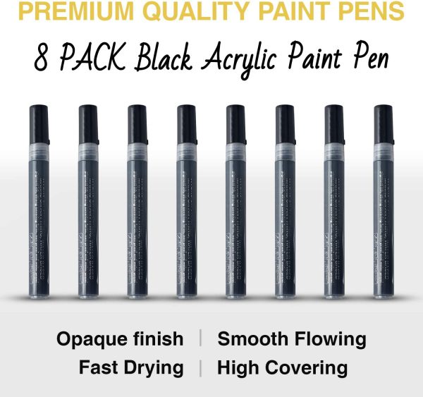 Black Acrylic Paint Pens - 8Pack Black Paint Markers, Acrylic Paint Pens for Rock Painting, Stone, Wood, Canvas, Glass, Metallic, Ceramic, Graffiti, Paper, Drawing, Water-Based Acrylic Paint Sets - Image 2