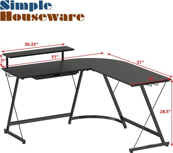 Computer Gaming L-shaped Desk with Monitor Stand for Home Office, Black - Image 2