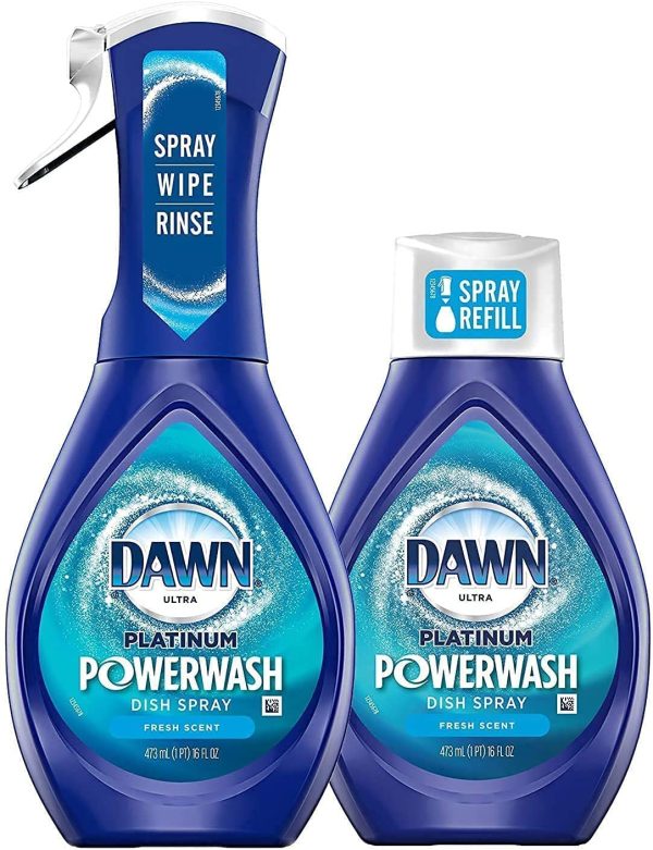 Dawn Platinum Powerwash Dish Spray Starter Kit, Dish Soap, Fresh Scent Bundle, 1 Starter Kit plus 1 Refill (16 fl oz ea)