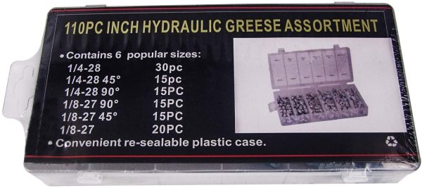 (R) Hydraulic Grease Fitting SAE Standard 110-Piece Kit - Straight, 90-Degree, 45-Degree Angled Zerk Assortment Set