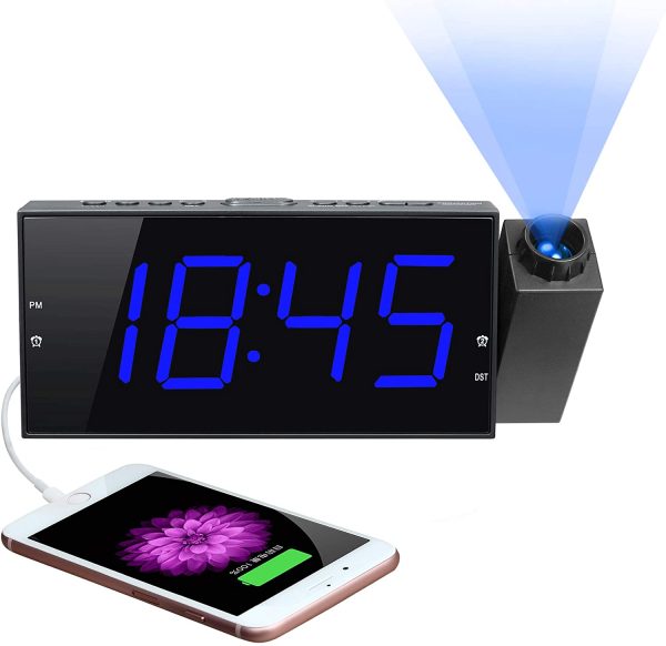 Projection Alarm Clock for Bedroom with USB Charger, 5-Level Dimmer, 2 Alarms, 5-level Adjustable Volume, 7" Large Screen, 9 Minutes Snooze, Battery Backup Setting, 180° Ceiling Digital Alarm Clock for Nightstand, Kids, Senior, Heavy Sleepers - Image 2