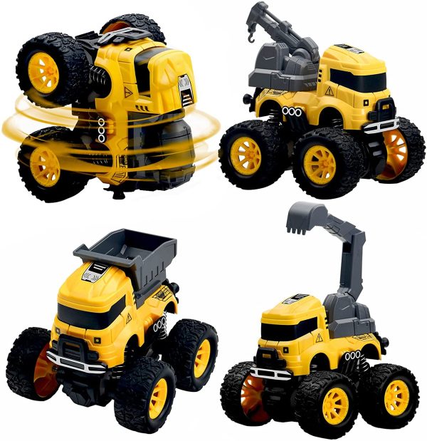 Construction Monster Truck Toys - 4pcs Excavator, Mixer, Crane, Dump Trucks Toy | Push and Go Friction Powered Cars Stunt Vehicles Playset | Kids Birthday Party Favors Gifts for 3+ Year Old Boys Girls - Image 3