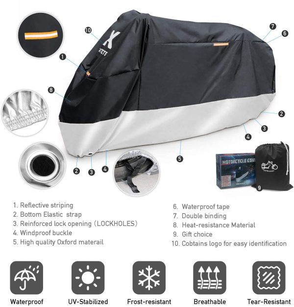 Motorcycle Cover ?C All Season Black Waterproof Outdoor Protection ?C Fit for 96 inch Tour Bikes, Choppers and Cruisers ?C Protect Against Dust, Debris, Rain and Weather (XL with Logo) - Image 4