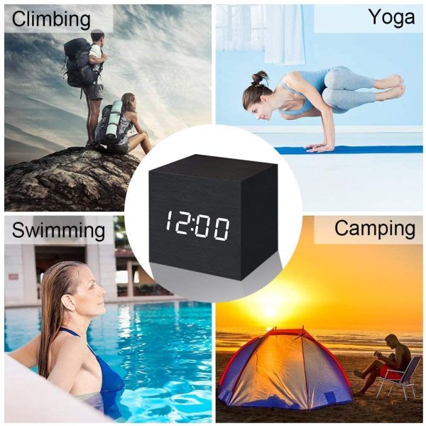 Digital Alarm Clock LED Light Multifunctional Modern Cube Displays Date Temperature for Home Office Travel-Black - Image 6