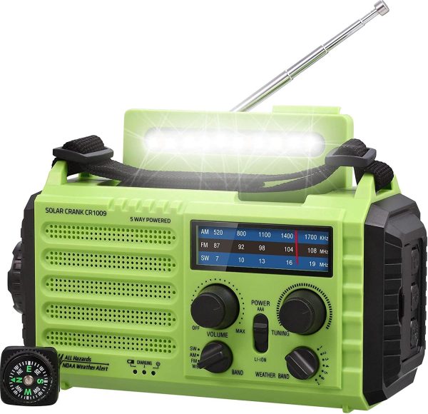 5-Way Powered Emergency Weather Radio AM/FM/SW/NOAA Radio with Solar Charging, Hand Crank,AAA Battery Operated, 5000 Build-in Rechargeable Battery, USB Cable, SOS Alarm,Cellphone USB Charger, LED Camping Flashlight/Reading Lamp, Headphone Jack, Compass for Home and Outdoor Emergencies