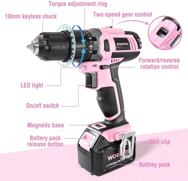 WORKPRO Pink Cordless 20V Lithium-ion Drill Driver Set (1.5Ah),1 Battery, Charger and Storage Bag Included - Image 3