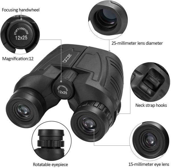 12x25 Compact Binoculars with Clear Low Light Vision, Large Eyepiece High Power Waterproof Binocular Easy Focus for Outdoor Hunting, Bird Watching, Travel, Hiking, Fit for Adults and Kids - Image 2