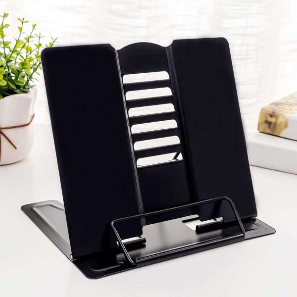 Desk Book Stand, Metal Reading Rest Book Holder Adjustable Cookbook Document Holder Bookrest Portable Sturdy Lightweight Bookstands for Recipes Textbooks Tablet Music Books with Page Clips (Black) - Image 4