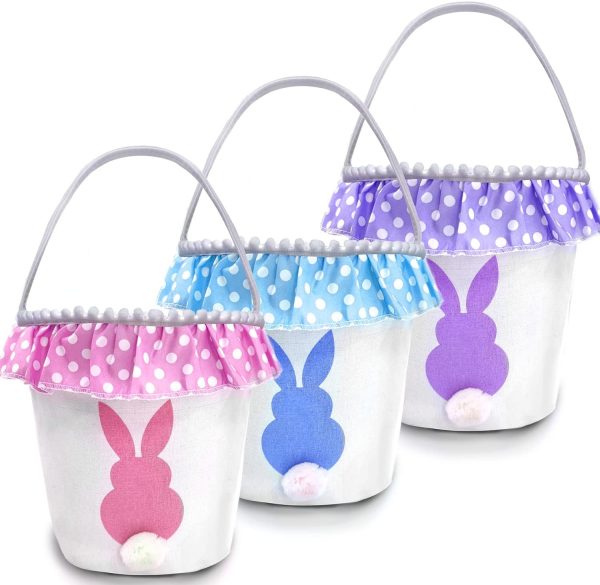 TOPLEE 3 PCS Easter Eggs Hunt Basket for Kids Canvas Bunny Basket Egg Bags Rabbit Fluffy Tails Party Celebrate Decoration Gift Toys Carry Bucket Tote (Ruffled)