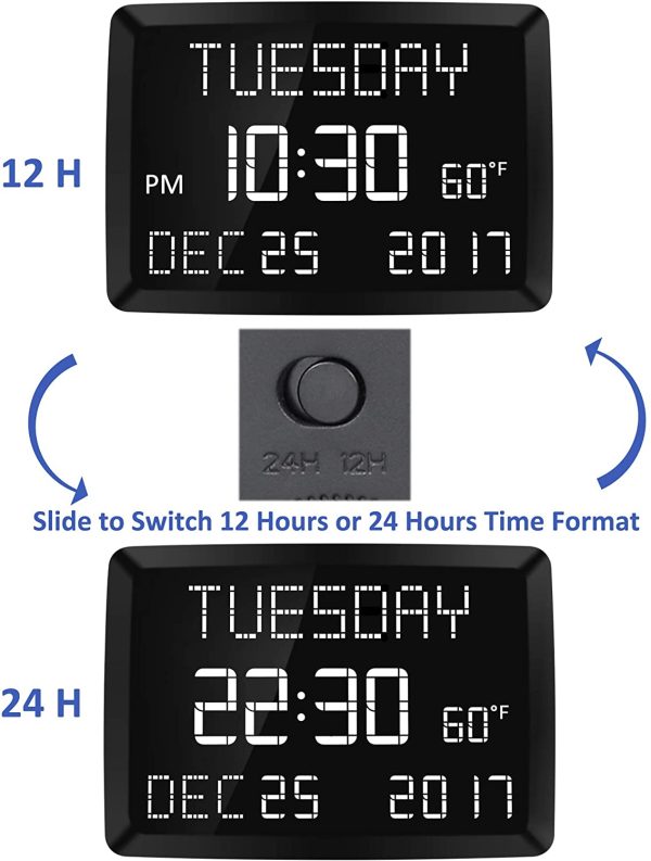 11.5?? Digital Wall Clock,Large Calendar Day Clock,Impaired Vision LED Desk Alarm Clock with 3 Alarms,Date,Temperature,5 Dimmer,2 USB Chargers,DST,12/24H,Loud Plug in Seniors Clock Battery Backup for Living Room Bedroom,Elderly Memory Loss Kids Teens Boys Girls - Image 2