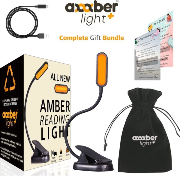 New 2022 Amber Book Light - Advanced Blue Light Blocking by Amber Light + 7 Warm LED's for Healthy, Strain-Free Eyes - USB-C Rechargeable - Complete Reading Light Gift Bundle for Bookworms. - Image 6