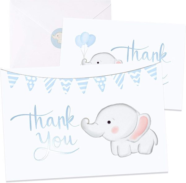 Baby Shower Thank You Cards Boy. 50 Elephant Blue Thank You Cards Baby Shower with Envelopes for Baby Thank You Notes - Blank Inside Baby Shower Card Pack with Sealing Stickers