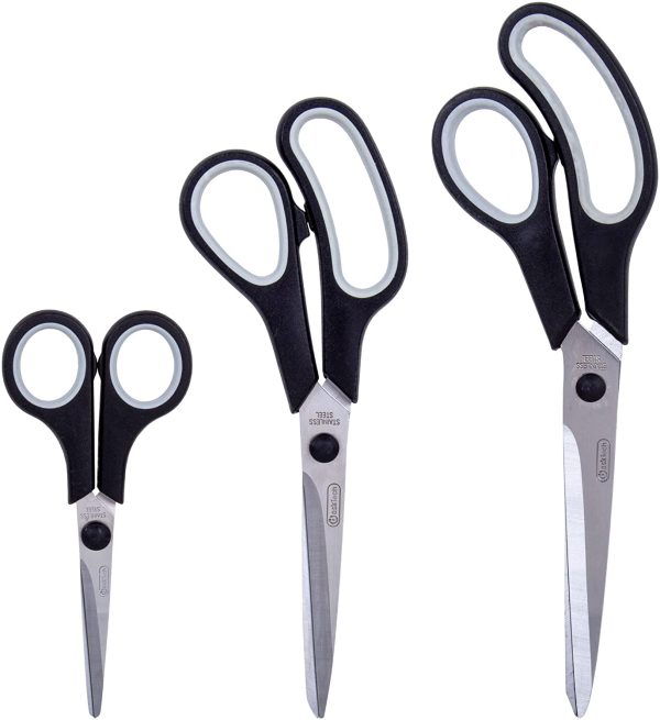 DESK TECH, Multipurpose Utility Stainless Steel Scissors Set, 7.28 x 12 inches, Black, 3 Pieces