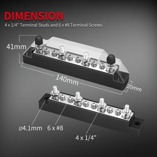 DaierTek Power Distribution Block 4 x M6 Terminal Studs, 6 x M4 Terminal Screws Battery Bus Bar for Car Marine Boat (Pair - Positive & Negative) - Image 2