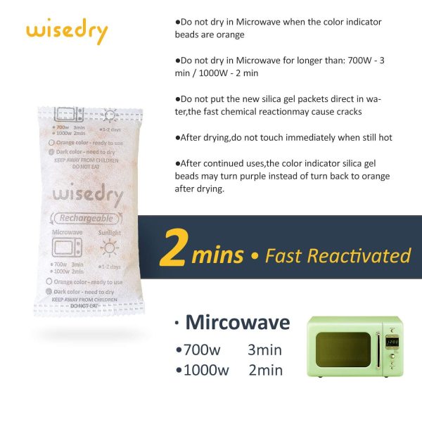 wisedry 50 Gram [10 Packs] Silica Gel Desiccant Packets Microwave Fast Reactivate Desiccant Bags with Indicating Beads for Closet Gun Safes Bathroom Food Grade - Image 5