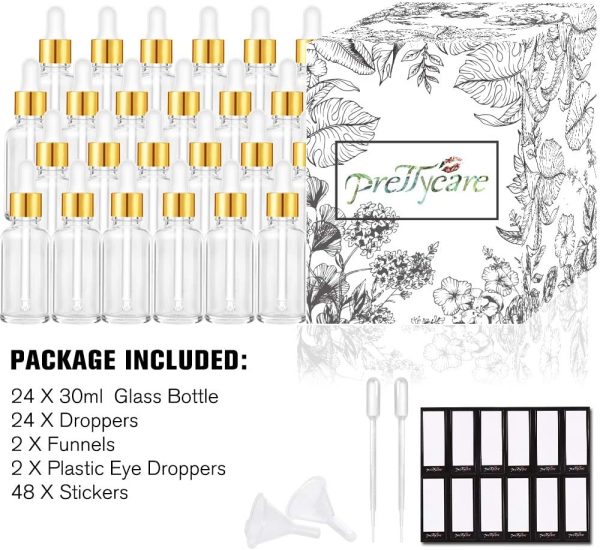 PrettyCare Eye Dropper Bottle 1 oz (24 Pack Clear Glass Bottles 30ml with Golden Caps, 2 Extra Measured Pipettes, 48 Labels, 2 Funnels ) Empty Tincture Bottles for Essential Oils, Perfume - Image 7