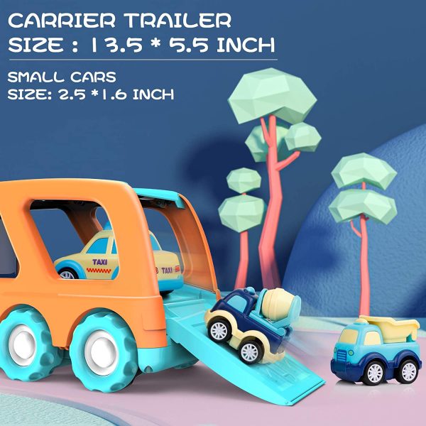 9 Pack Cars Toys for 3 4 5 Years Old Toddlers Boys and Girls Gift, Big Transport Truck with 8 Small Cute Pull Back Trucks, Colorful Assorted Vehicles Playset, Carrier Truck with Sound and Light - Image 3