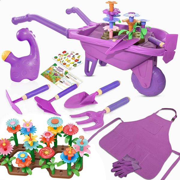 Qtioucp Kids Pretend Play Garden Toys Outdoor Gardening Tool Set with 93 PCS DIY Kids Flower Garden Building Preschool Activities Wheelbarrow, Watering Can, Hand Rake,Trowel, Plow, Double Hoe, Gloves, Apron for Kids Boys Girls (Purple) - Image 4