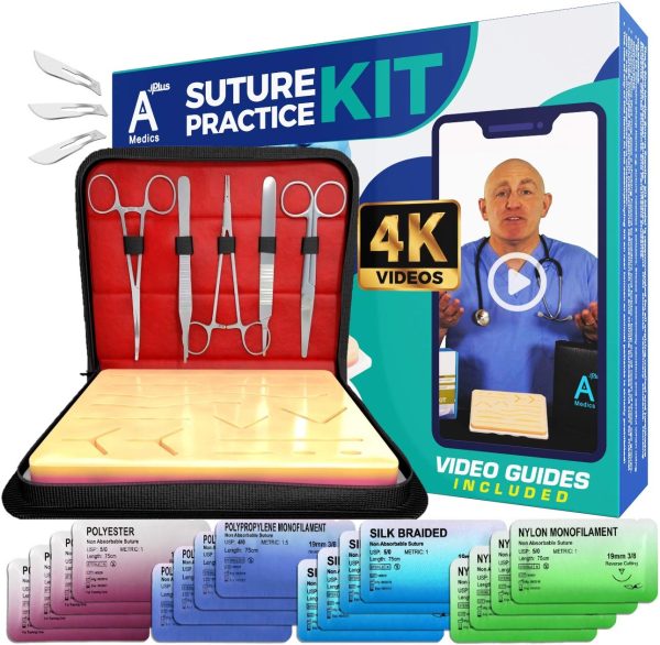 Complete Suture Practice Kit for Medical Students w/How-to Suture HD Video Course, Suture Training Manual & Carryall Case. All-in-One A Plus Medics kit incl. Suture Practice pad. (Education Use Only)