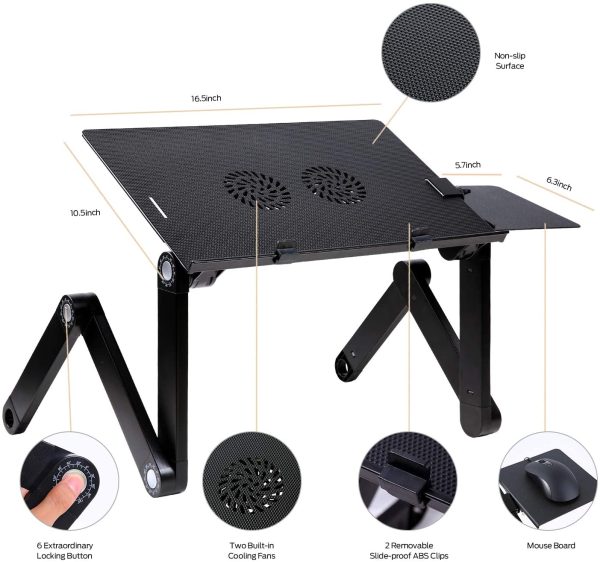 Adjustable Vented Laptop Table Computer Desk Portable Bed Tray Book Stand Multifuctional & Ergonomics Design Dual Layer Tabletop with Cooling Fan (Black)